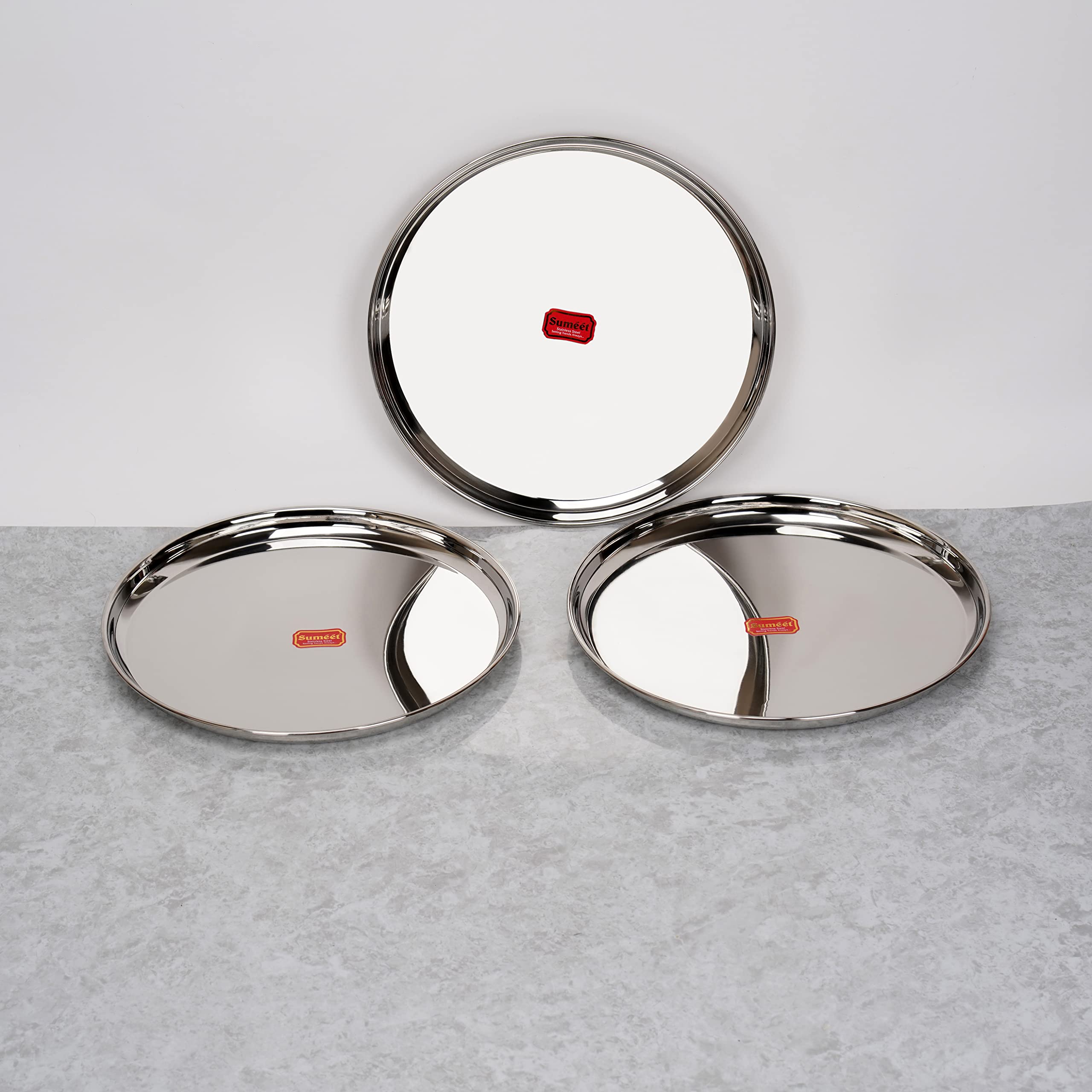 Sumeet Stainless-Steel Heavy Gauge Dinner Plates with Mirror Finish-32.3cm Dia, Set of 3pc, Silver